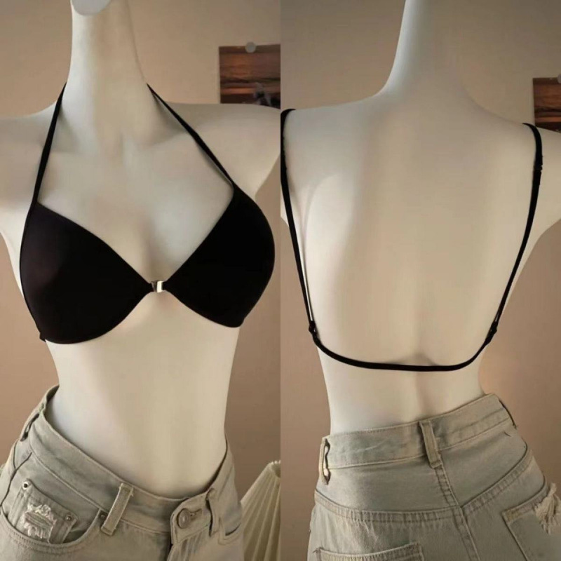 フロントボタンクロスホルターネック美背中バックレス貧乳女子下着薄い細いストラップなしリムなしシームレスブラジャー夏|undefined