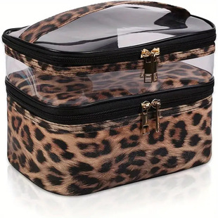Cross Border Leopard Print PVC Transparent Double Layer Cosmetic Bag Large Capacity Waterproof Toiletry Bag Portable Cosmetic Storage Bag