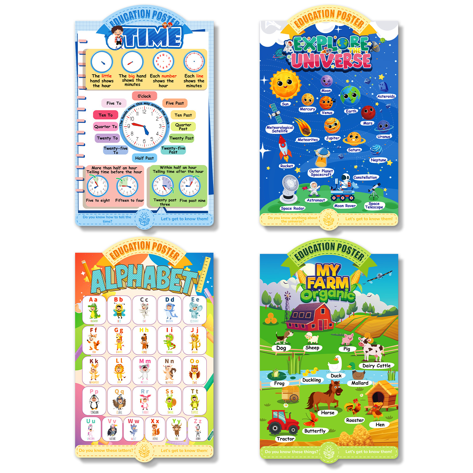 4張/套跨境批發兒童啟蒙卡通裝飾畫早教英語掛畫幼兒教育認知海報