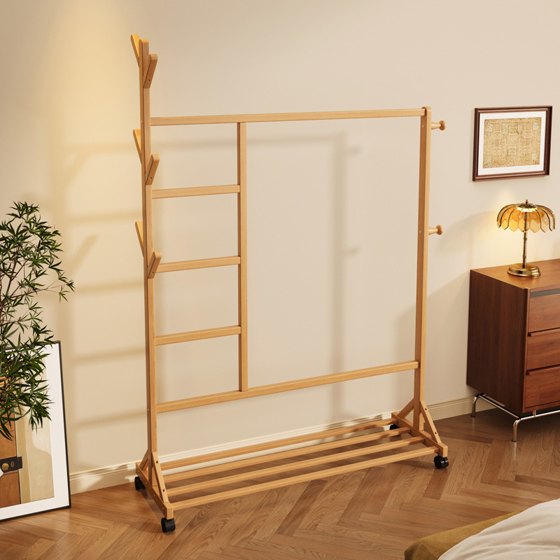 바닥 걸이 단단한 나무 건조 랙 간단한 코트 랙 침실 방 임대 홈 교수형 옷 선반 모바일 거실