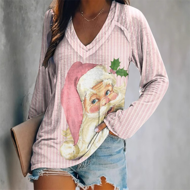2024 New European and American Amazon plus size Women's Loose Santa Claus Printed V-Neck Pullover Long Sleeve T-Shirt