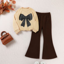 2025女婴童大蝴蝶结印花连帽卫衣长裤两件套套装外贸童装一件代发