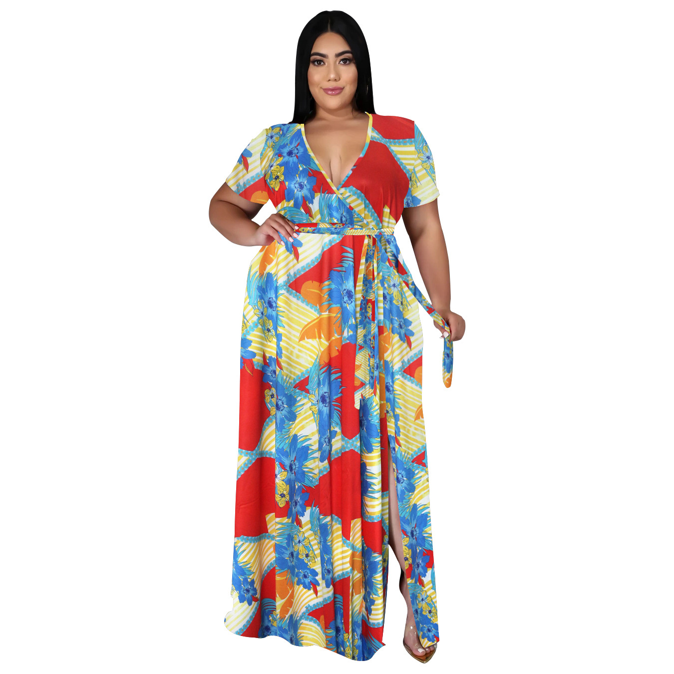 Print Short-Sleeved V-Neck Bohemian Beach Dress NSBMF80104