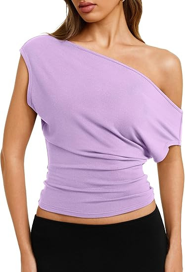 Women's Sexy Off Shoulder Asymmetrical Slim Fit Short Sleeve Top – Side Slash Neck Summer Tee_ecoleips.com