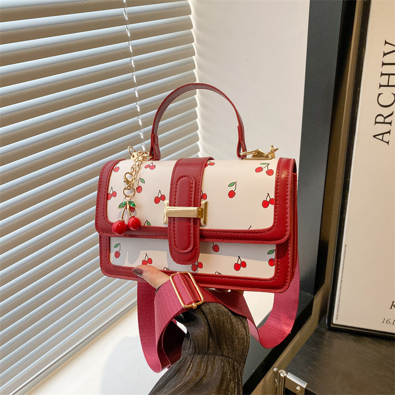 2025 new cute cherry printed crossbody bag simple stitching small handbag fresh contrast color western style shoulder bag