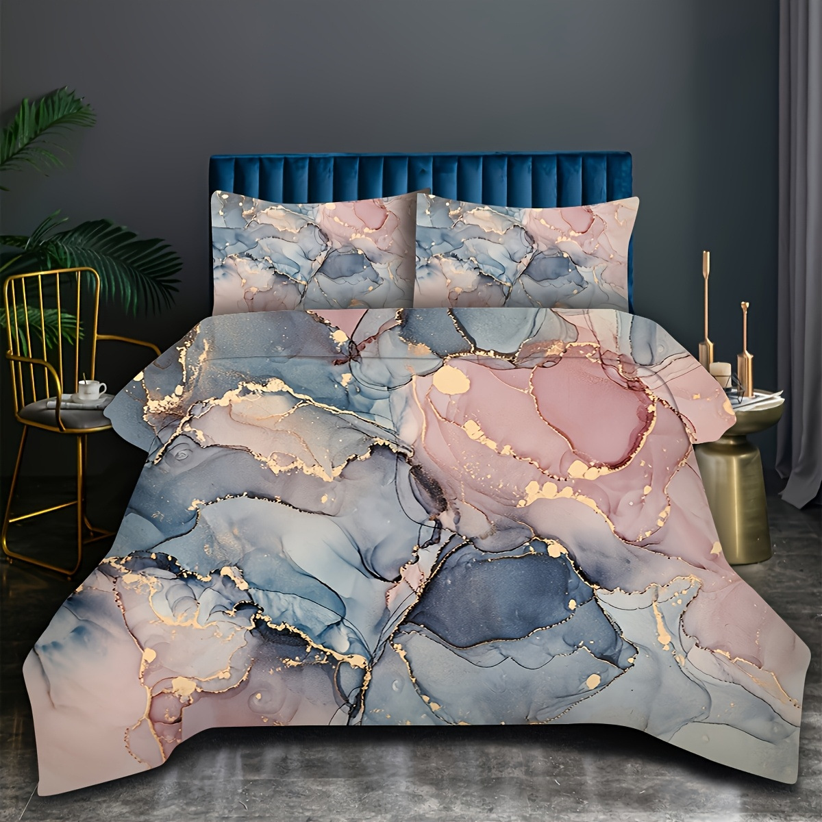 Transfronterizo tibetano azul oro mármol textura suave molienda impresión digital kit de colcha de tela se puede diseñar