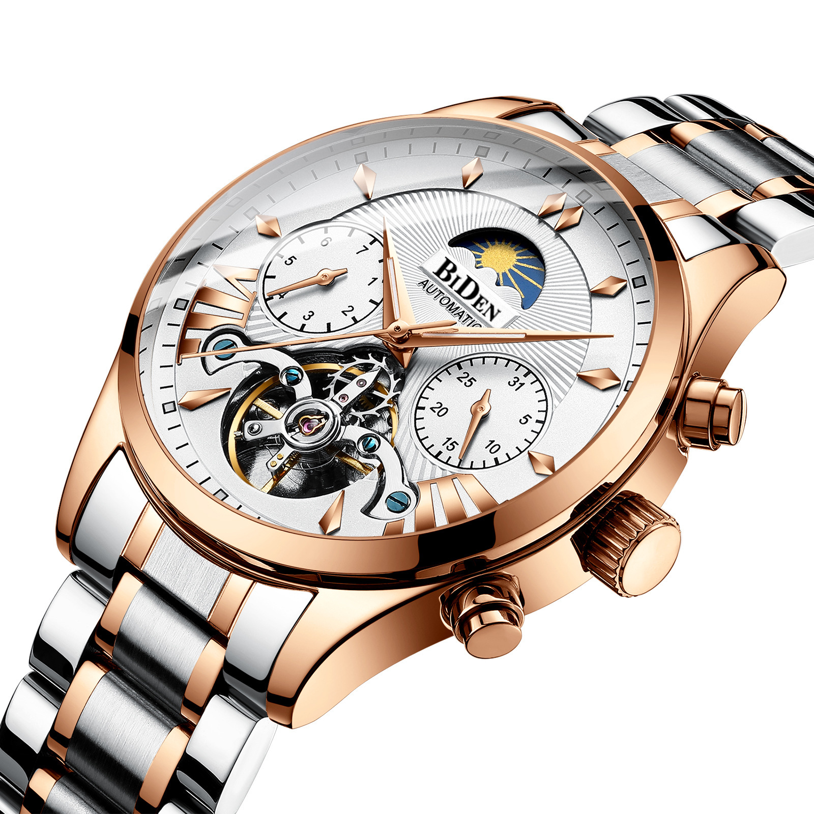 BIDEN Men's Multifunctional Sun Moon Star Mechanical Fashion Business Luminous Waterproof Watch Factory Direct Sale_voghion.com