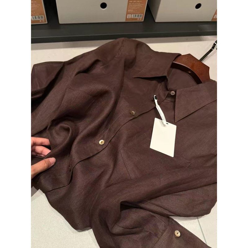 Highly Recommended! Cool Summer Season~ Korean-Style Brown Collared Linen Blend Casual Work Shirt for Women Highly Recommended! Cool Summer Season~ Korean-Style Brown Collared Linen Blend Casual Work Shirt for Women