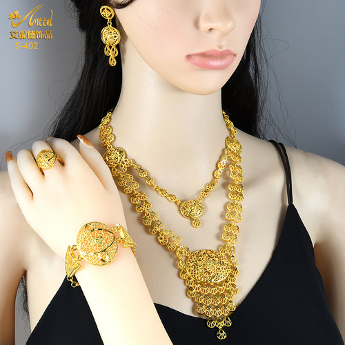 Gold-plated pendant jewelry set: bridal wedding accessories—alloy long necklace, bracelet, ring, and earrings—best-selling cross-border style