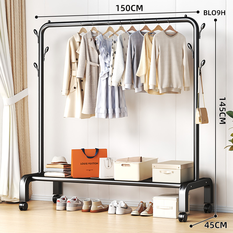 단극 150cm 검정색 도르래 수납 선반 옷걸이 6개