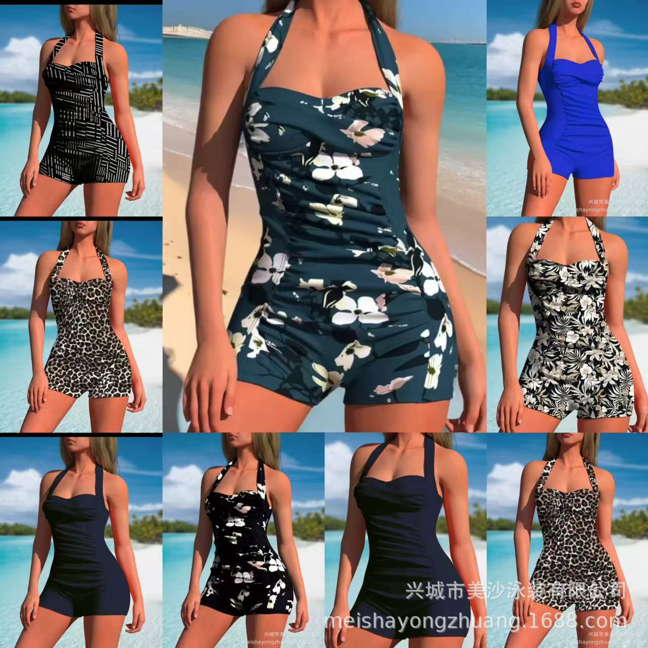 2023 One-Piece Women's Stripe Printed Solid Color Swimsuit Amazon AliExpress Independent Station Explosive Swimsuit