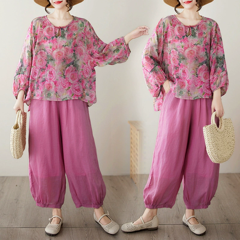 Рекордная съемка #2025 новый ретро новый китайский модный топ с принтом шаровары брюки набор