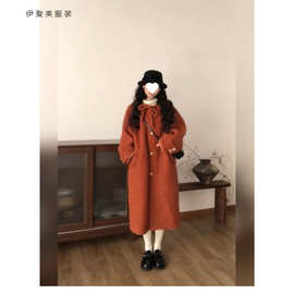 大码圣诞新年圆领复古红色羊羔毛大衣女秋冬款加厚中长款呢子外套