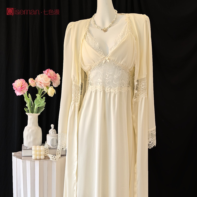 High-end French Long Sling Nightgown Nightgown Two-piece Set with Chest Pad Lace Princess Home Clothes Ice Silk Pajamas