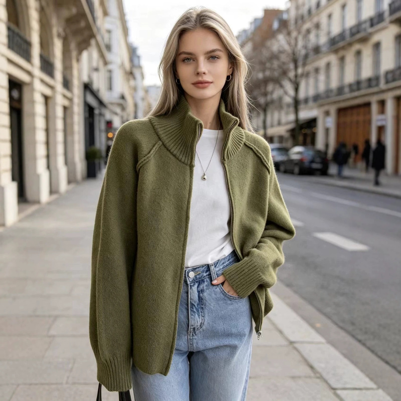 Cross-Border Lazy Style Sweater Jacket for Women 2025 Autumn and Winter New Korean Style Pure Color Stand-Up Collar Zipper Knitted Cardigan Jacket Cross-Border Lazy Style Sweater Jacket for Women 2025 Autumn and Winter New Korean Style Pure Color Stand-Up Collar Zipper Knitted Cardigan Jacket
