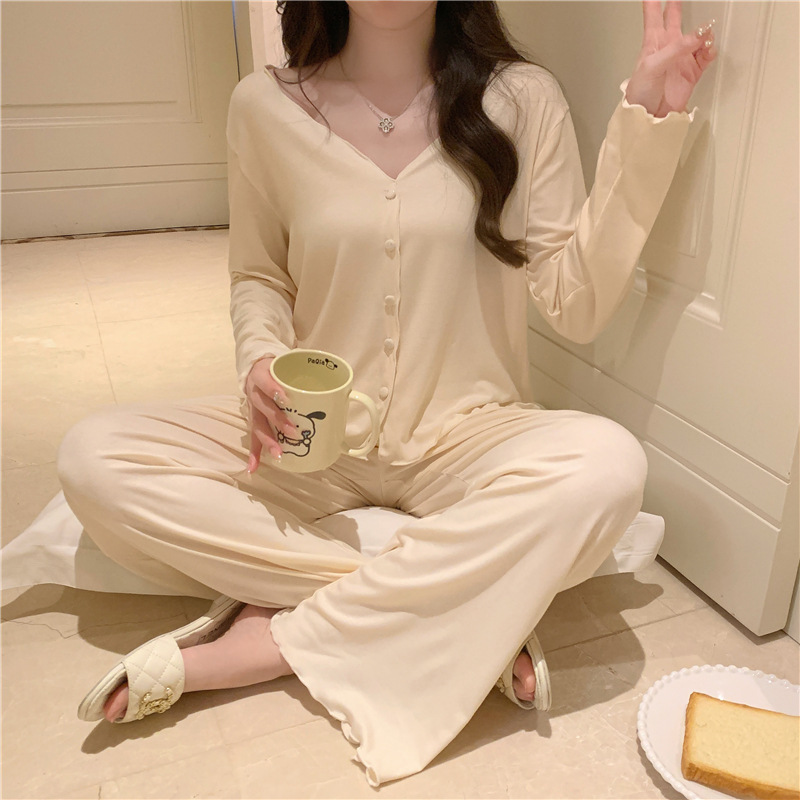 パジャマ春夏秋モーデルコットンセクシー快適vネック長袖長ズボンセットホームウェア