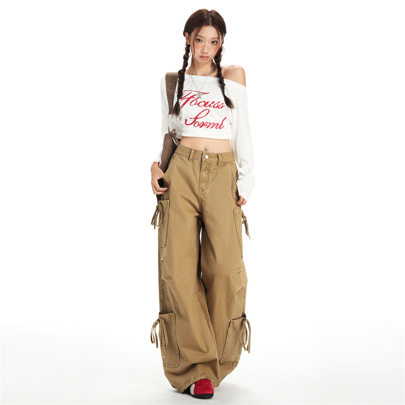 Khaki Multi-Pocket Three-Dimensional Tie Pleated Niche Design Women's Wide-Leg Jeans Versatile Cargo Pants Khaki Multi-Pocket Three-Dimensional Tie Pleated Niche Design Women's Wide-Leg Jeans Versatile Cargo Pants