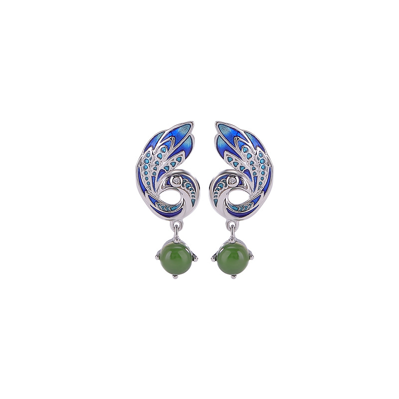 Bông tai dài bạc S925 đá Jasper xanh men hạt tròn phong cách dân tộc — một cặp