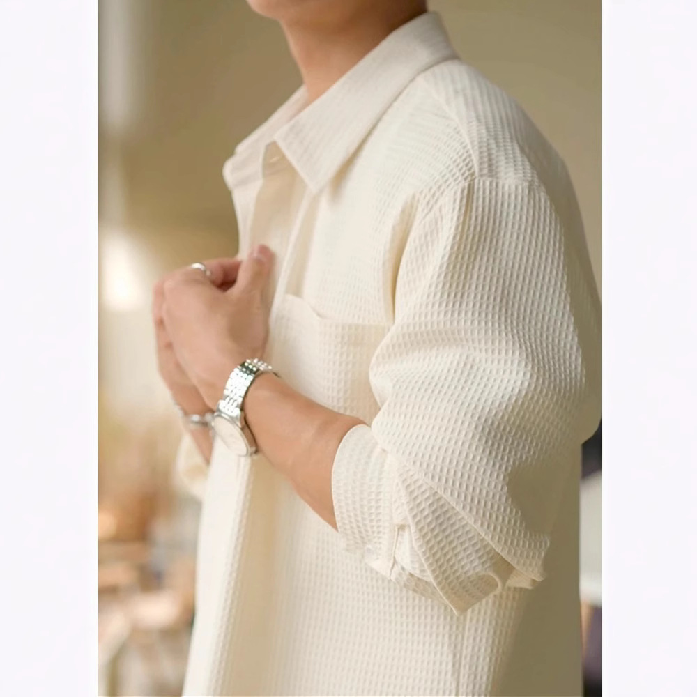 Chaqueta de solapa de waffle chaqueta de hombre primavera estilo coreano guapo de alta gama ropa de trabajo casual camisa de hombre de moda