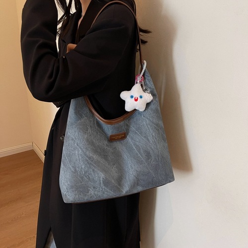 Large-capacity bag women's new autumn and winter canvas denim tote bag college student class bag armpit shoulder bag