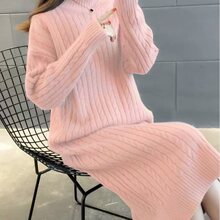 潮牌春夏新款高领加厚长款过膝毛衣裙女士宽松长袖针织打底连衣裙