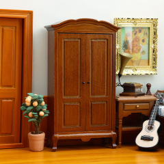 1:12娃娃屋DOLLHOUSE纯手工迷你柜子家具场景欧式复古栗色衣柜