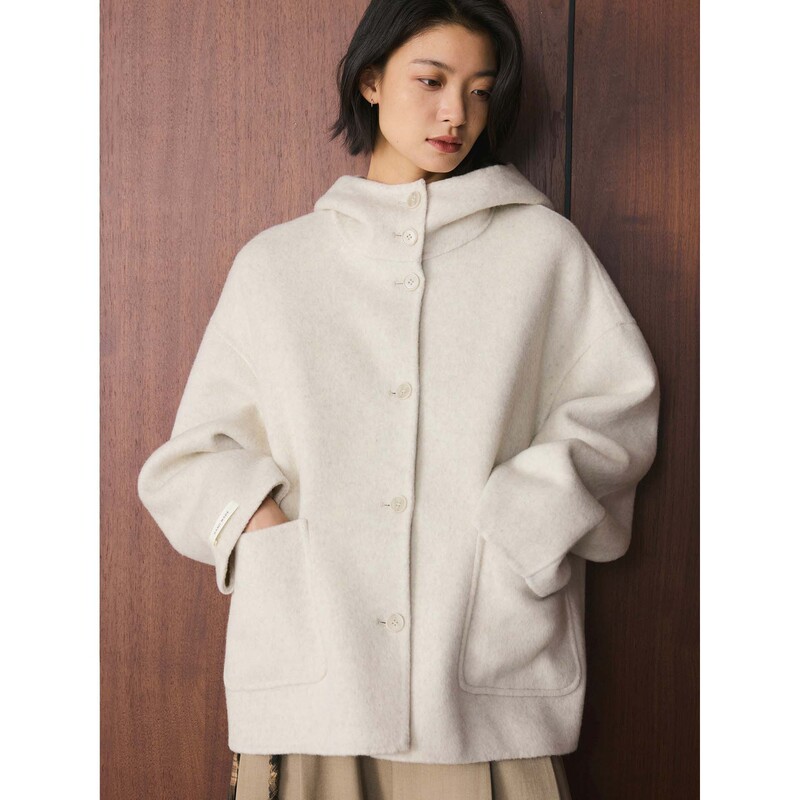 Louvre Winter New Korean Style Fashionable Hooded Symmetrical Flap Pocket Pants Double-Sided Wool Outwear Short Loose Outwear for Women