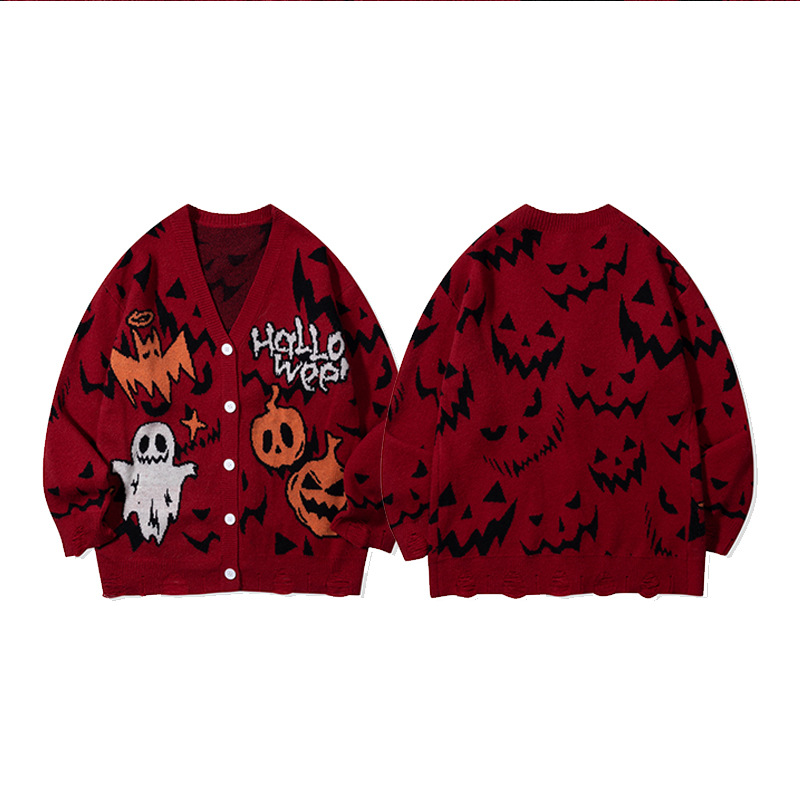 YWFG mujeres americanas retro calavera cardigan 2024 otoño pareja alta versátil cuello redondo manga larga jersey