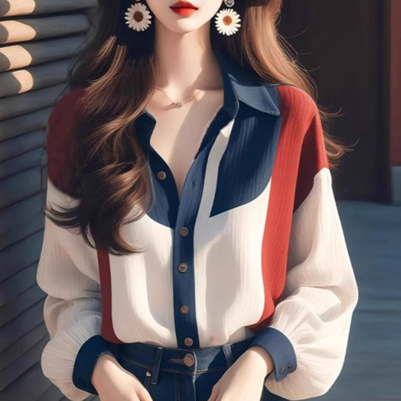 2024 년 초가을 새로운 여성 의류 차가운 스타일 하이 엔드 독특한 슈퍼 잘 보이는 느슨한 탑 컬러 대비 랜턴 소매 셔츠