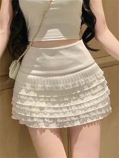 Korean White Sweet Hot Girl Lace Hip-Hugging Short Skirt Women's Summer New High-Waisted Pleated Versatile Cake Skirt