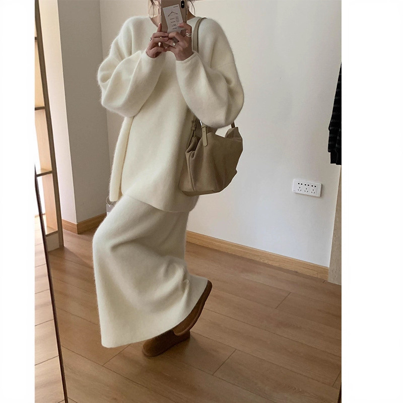法式慵懒风软糯针织套装女秋冬款设计感宽松毛衣针织半身裙两件套|undefined