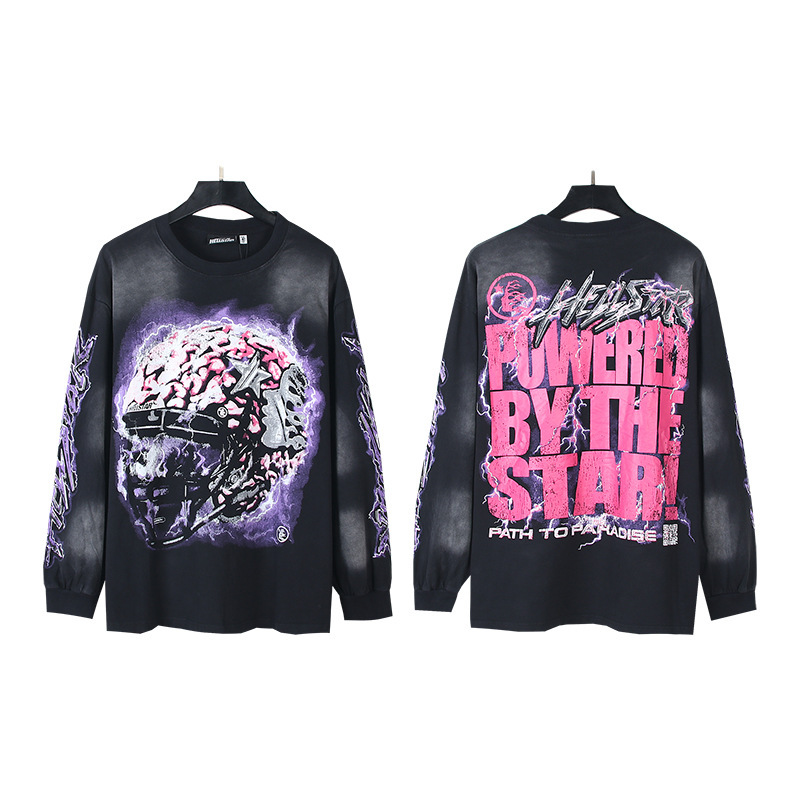 Hellstar アメリカのトレンディなハイストリートレトロウォッシュ加工プリントストリートロックスウェットシャツ長袖 Tシャツ男性と女性のトップス|undefined