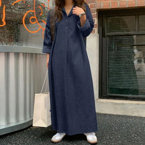 2024 New Spring Denim Solid Color Stylish Commute Bohemian Loose Plus Size Long Dress