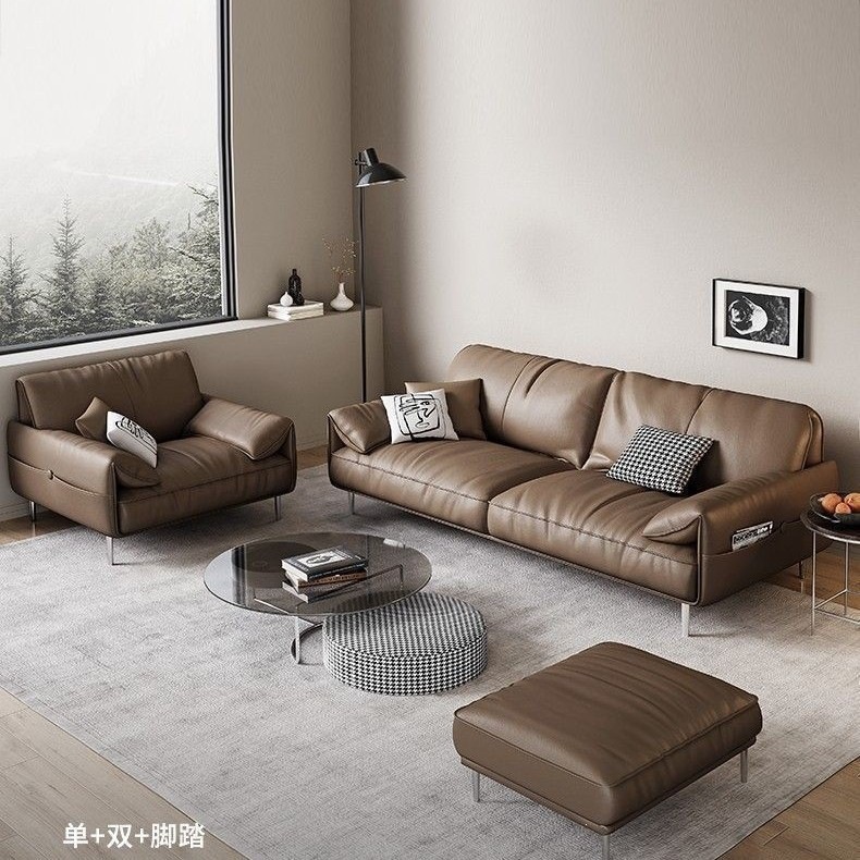 Office sofa made of genuine leather, simple design, suitable for business reception rooms, meeting areas, and casual offices, includes a coffee table and three-seater sofa