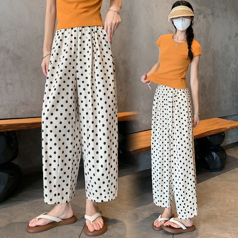 Korean-Style Cotton and Linen Off-White Polka Dot Wide-Leg Pants for Women, 2026 Summer New High-Waisted Loose Casual Straight Nine-Point Pants