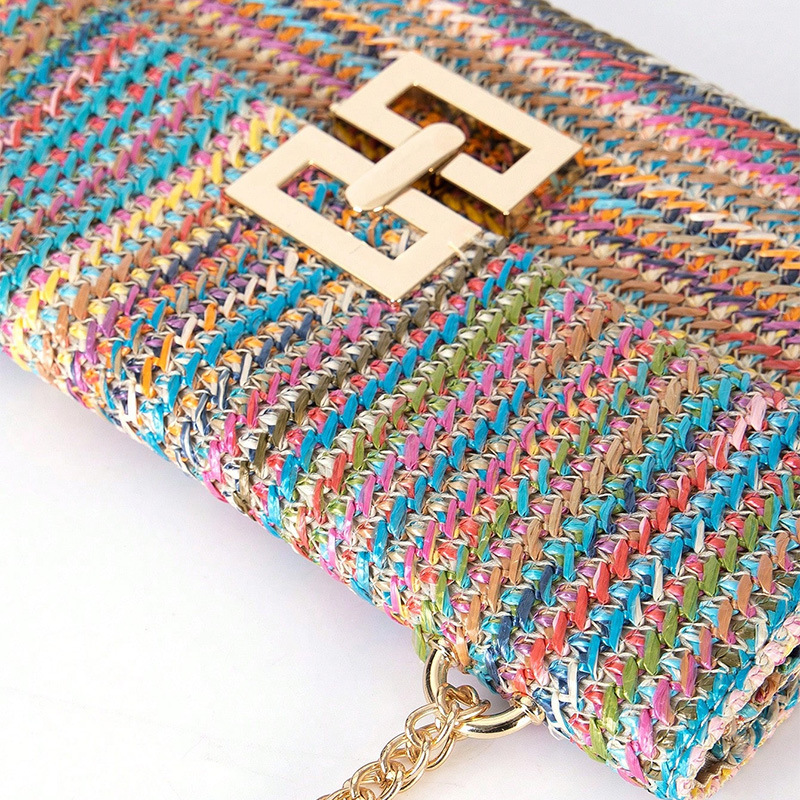 2025 New Vacation Style Multi-Compartment Chain Flap Twist Lock Straw Woven Shoulder Cross-Border Women's Bag_voghion.com