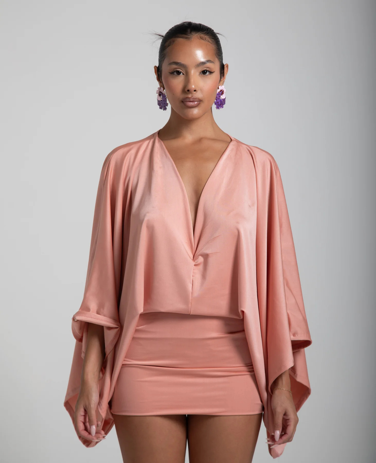 Women's Summer V-Neck Patchwork Mini Dress – Casual & Comfortable Solid Color Dress For Everyday Wear_ecoleips.com