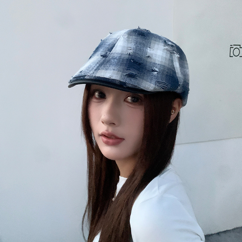 个性做旧破洞报童帽子女英伦时尚鸭舌画家帽pu皮檐复古格纹前进帽|undefined