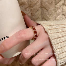 复古红色滴釉四叶草戒指女2022年新款潮轻奢高级感食指戒开口指环