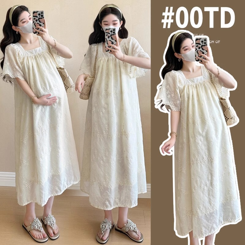 Maternity Wear Summer New Lace Mid-Length Dress Large Size Loose Slimming French Square Neck Maternity Fairy Dress