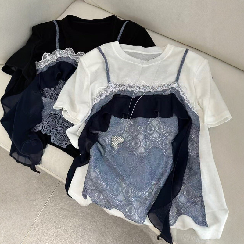 Comfortable Holiday European Style Two-Piece Lace Ribbon T-Shirt 2026 Summer Super Versatile Sweet Cool Style Shoulder Top for Women