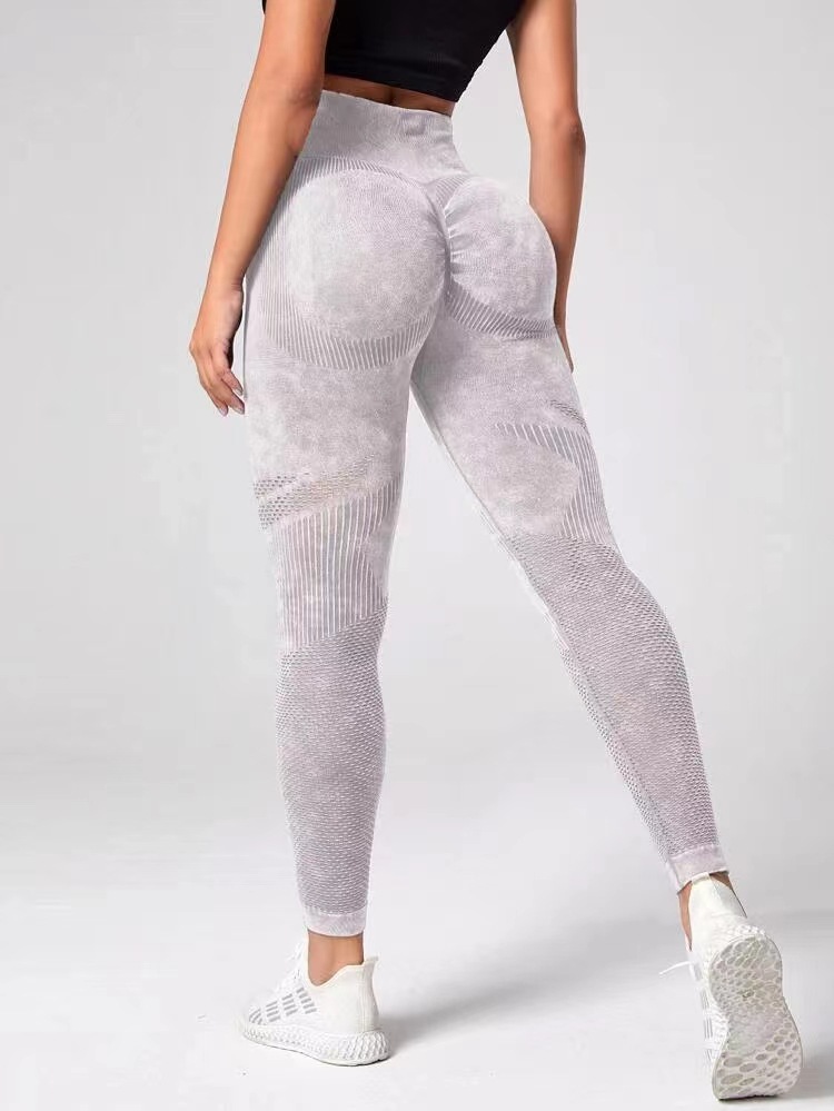 Pantalones de yoga sin costuras huecos de malla, pantalones de fitness de cintura alta, glúteos, lavado de mujer, deportes, esculpir el cuerpo, melocotón ajustado