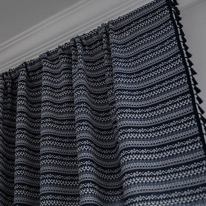 Bohemian Yarn-dyed Jacquard Blue Geometric Tassel Semi-shading Curtain Wholesale display picture 15