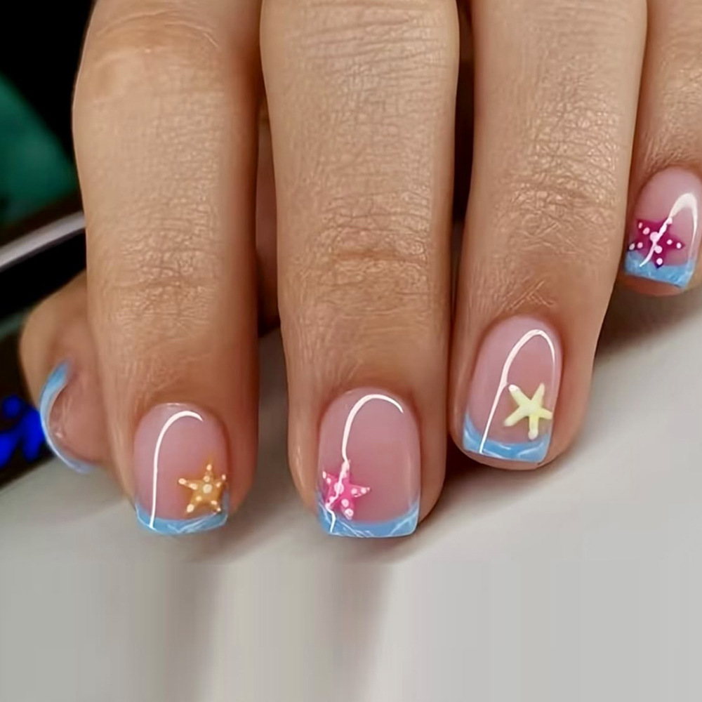 Estrella de mar 3D estereoscópica dopamina francesa desgaste uñas vacaciones de verano 24 piezas de parche de uñas mezclado