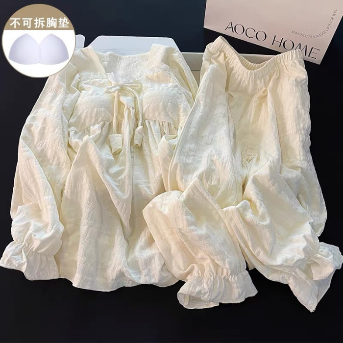 Pijamas de Manga Larga para Otoño e Invierno con Relleno en el Pecho para Mujer, Estilo Coreano 2025, Lindo Traje con Flores Pequeñas, Ropa de Dormir para Estudiantes