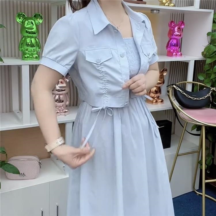 Bộ váy hai mảnh mùa hè gồm áo treo và váy ngắn tay phong cách casual — Hai mảnh màu xanh nước chi tiết 7