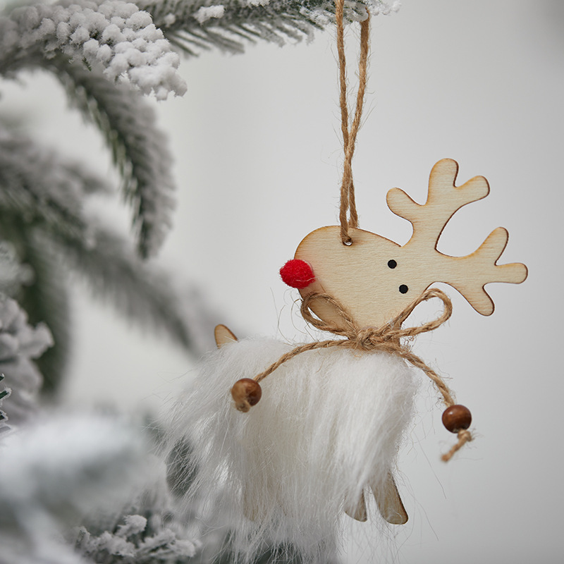 Madera de lana de madera de alce colgante de árbol de Navidad decoración de Navidad colgante de peluche marrón blanco de Navidad