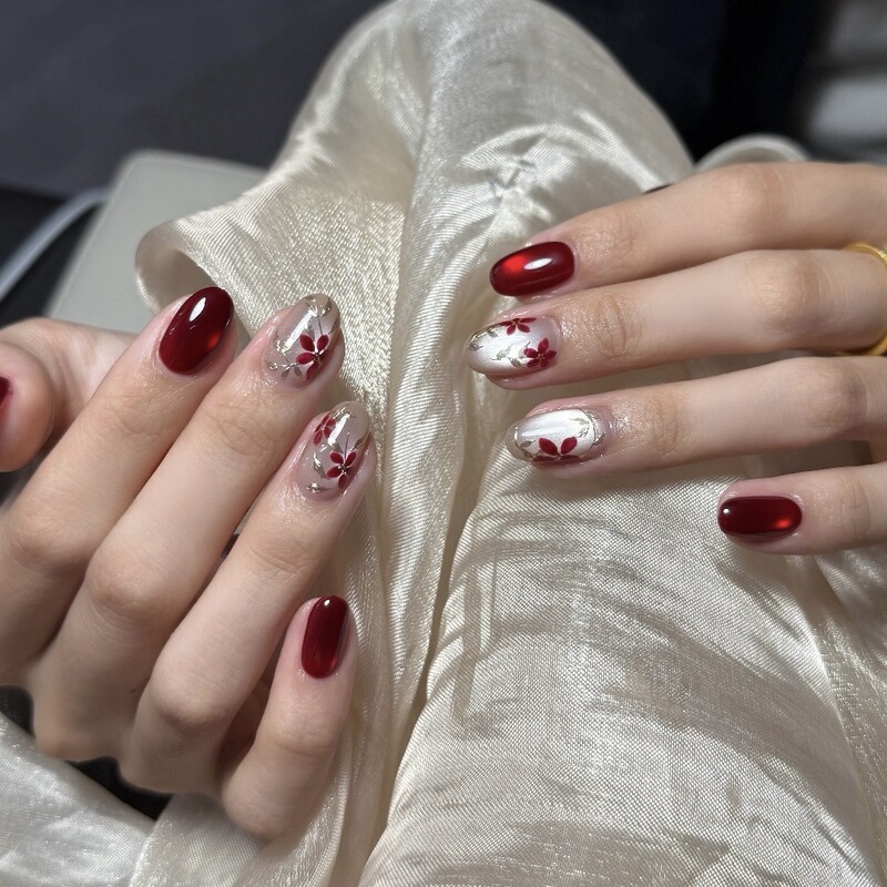 New Chinese-Style Red Glass Bead Cat-Eye Silver-Plated Ultra-Short Almond-Shaped Elegant Spicy Girl Nail Stickers