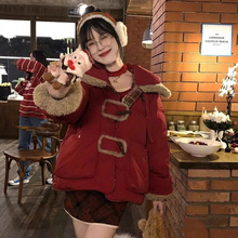 圣诞新年两面穿复古酒红加厚棉衣棉服女冬新款宽松牛角扣保暖外套