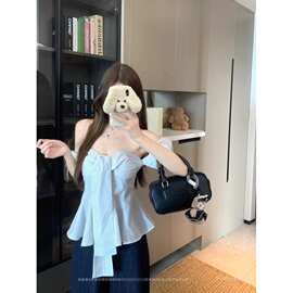 纯欲风条纹绑带性感露肩无袖衬衫女夏季收腰显瘦百搭上衣